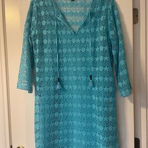 Talbots Long Sleeve V Neck Knee Length Blue Lace Dress with Slip - Size Small